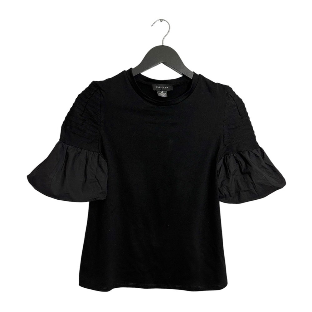 Gracia Black Puff Short Sleeve Structured Top Romantic Minimalist Size Small